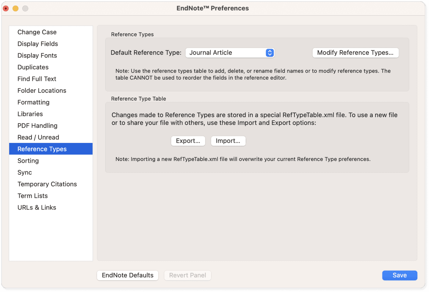 EndNote's modify reference type feature
